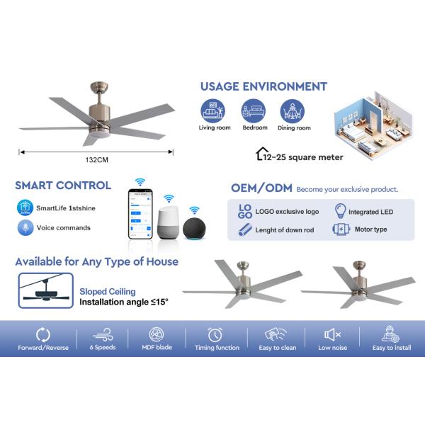 Satin Nickel Modern LED Ceiling Fan With 5 MDF Blade DC Motor Home Decorative