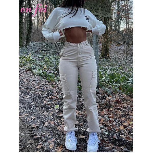 Fashion Women Solid Multi Pocket Cargo Pants Slim Loose Straight Pockets Casual Trousers Cargo Pants