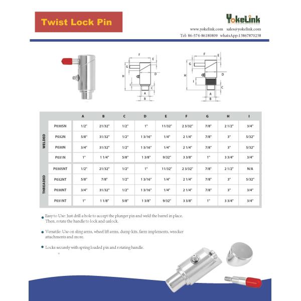 Twist Lock Plunger Pin Speicification and sizes