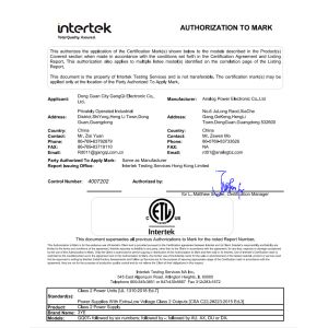 Dongguan Analog Power Electronic Co., Ltd Certifications