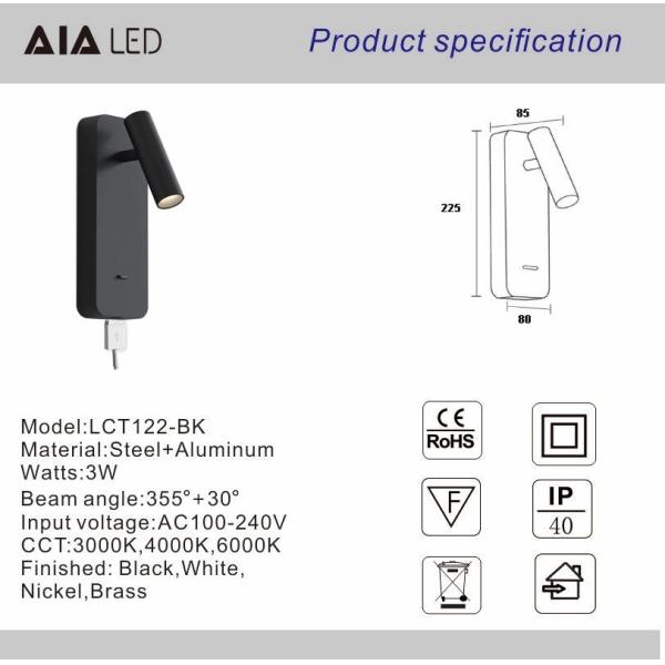 Adjustable cylinder bed reading wall lamp bedside light USB flexible headboard spot light for hotel villa project
