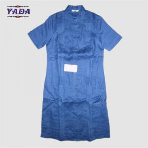Quality Front button blue linen short sleeve designs casual long slim sexy girl dress for fat women wholesale