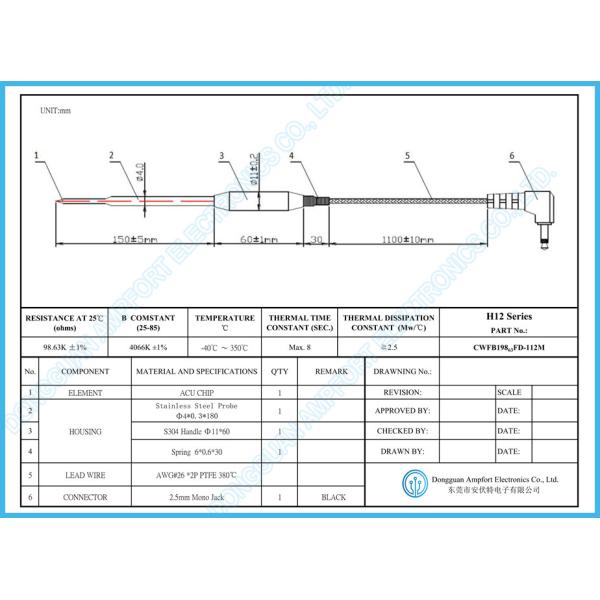 100K 4070 2.5mm Mono Plug Ambient Temperature Probe Meat Temperature Sensor 380C
