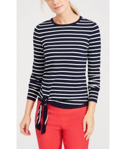 China WOMEN'S 54% COTTON/44% MODAL/2% SPANDEX PULLOVER KNITTED STRIPE SWEATER WITH TIE FRONT on sale