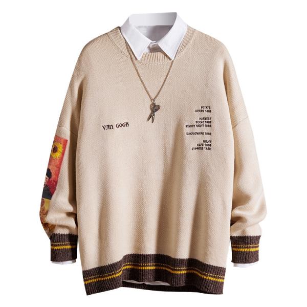 Khaki Color Block Drop Shoulder Mens Warm Sweaters Breathable