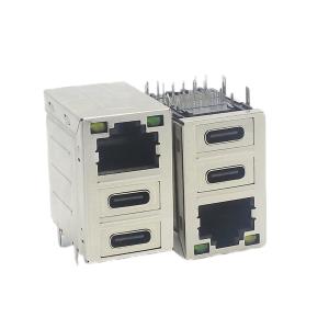 China STD Dual Type C Female Stacked USB Connectors Combo Micro USB PCB Mount RJ45 W/ Leds on sale