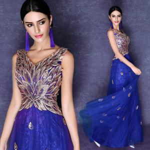 Quality Deep V Neck Royal Blue Gold Embroidery Evening Dresses Annual Meeting Host Dress TSJY033 wholesale