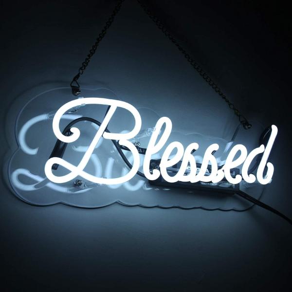 Blessed Neon Sign 15 x 4 Inch Handmade Glass 3D Visual Effect White Neon Light Plug-in Novelty Night Light Hanging Decor