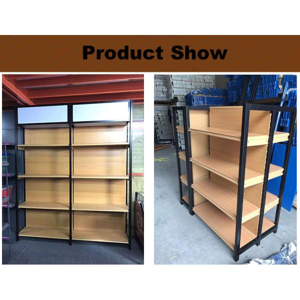 High End Brown Supermarket Display Shelving Grain Wood Metal Material