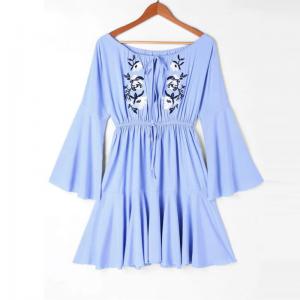 Quality Blue Off Shoulder Mexican Embroidery Beach Casual Dress Women wholesale