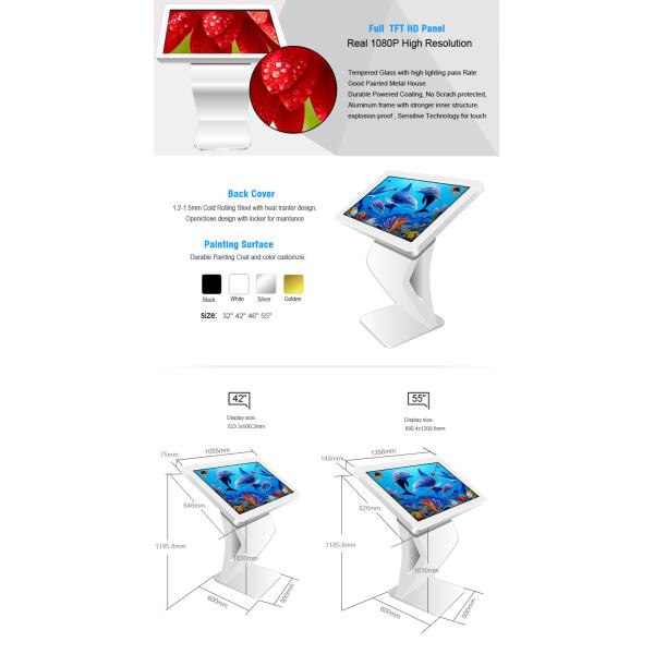 43 Inch Interactive Multimedia Free Standing Kiosk Tempered Glass Material