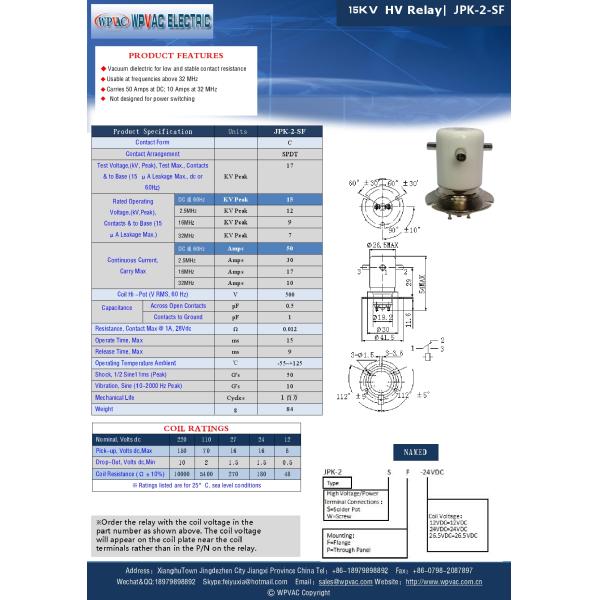 JPK2SF Vacuum Relay High Voltage SPDT Relay with 15KV DC 50A Current and 12V/24V Coil Voltage
