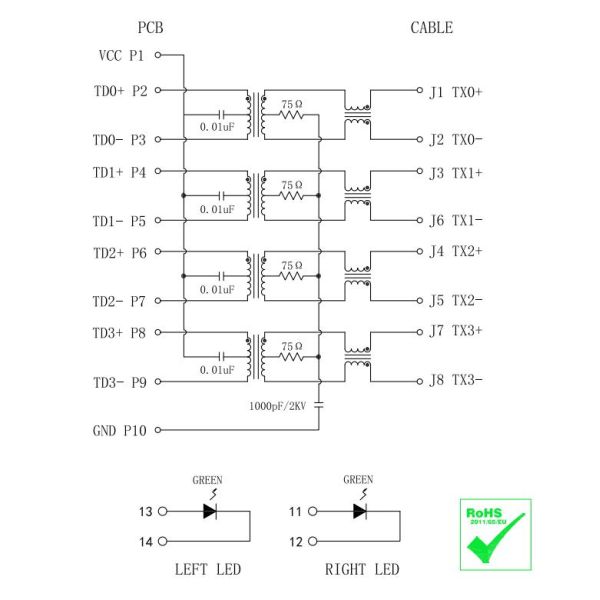 HFJV1-1G41-L11RL 1000 Base-T RJ45 Vertical Jack With Magnetics LPJD0743BFNL