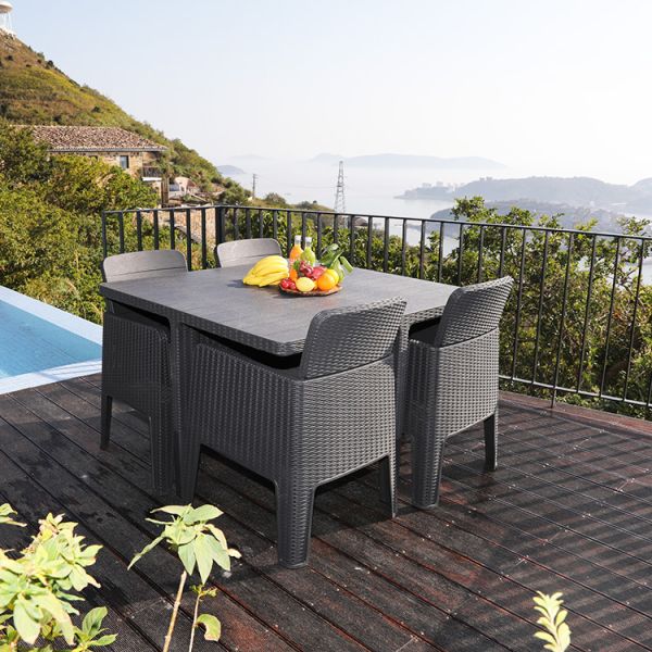 Plywood W160cm D90cm Table Grey Rattan Dining Set , 5 Piece Cube Patio Set