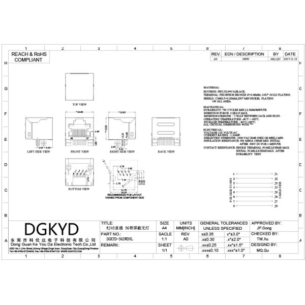 DGKYD -56SWDNL 100 BASE - T RJ45 Shielded Connector single port RJ45 Modular Jack