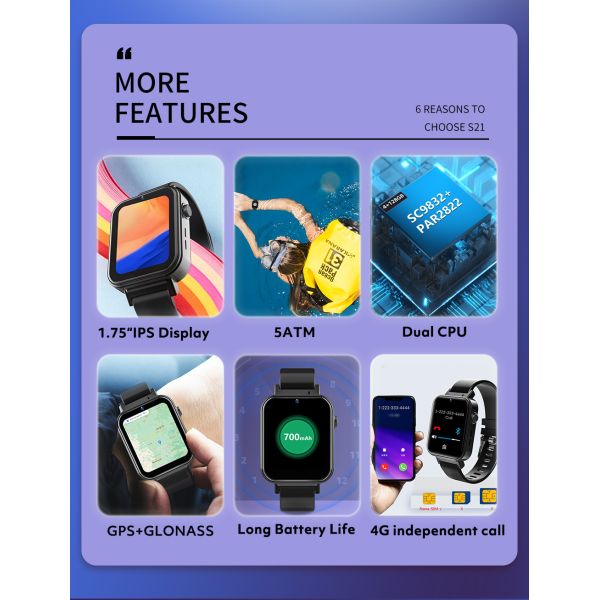 1.75inch 320 * 385 Resolution 1.5 Hour Charging Time Face Recognition Video Chat 4G S21 Smart Watch for Weather Monitoring