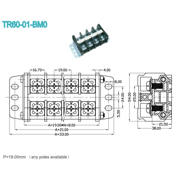 PC M5 Panel Mount Screw Terminal Pitch 19.00mm 60 Amp Din Rail Terminal Block