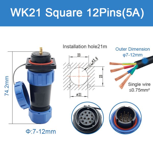 Wk21 Threaded Plug Socket Waterproof Connector Inline Mount Wire Cable Coupler Aviation