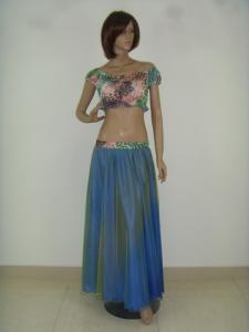 Quality Performance Belly Dancing Clothes Harem Floral Plain Neckline Bra Illusion Blue Long Skirt wholesale