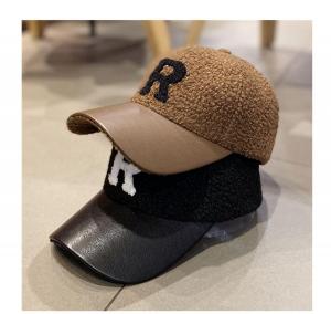 Quality Casual All-match R Letter PU Leather Hat Baseball Cap Autumn And Winter Lamb Wool Warm Cap For Women wholesale