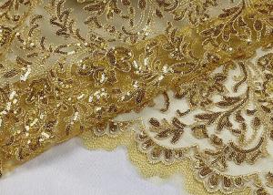 China Stretch Golden Lurex Sequin Lace Fabric , Nylon Mesh Fabric With Sequin Golden Thread on sale