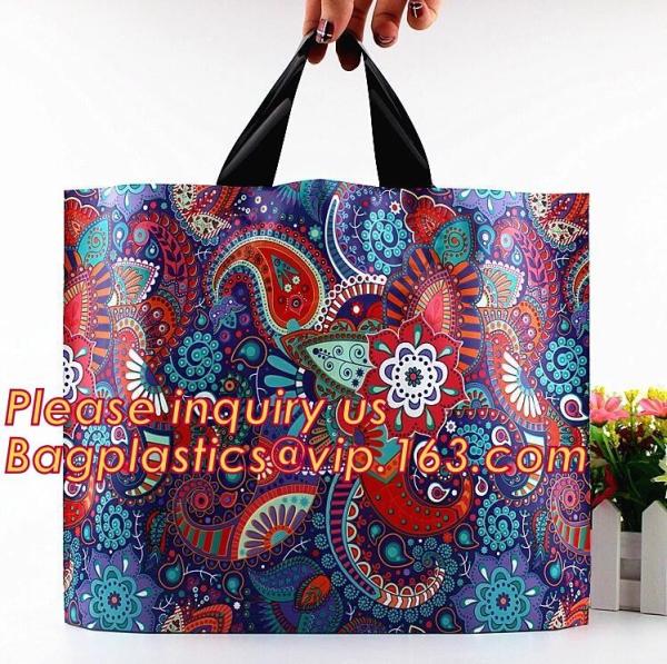 Cheap Custom Printed Stand Up Block BottomSoft Loop Handle Plastic Carrier Shopping Bag，Plastic Soft Loop Handle Bag for Shopp for sale