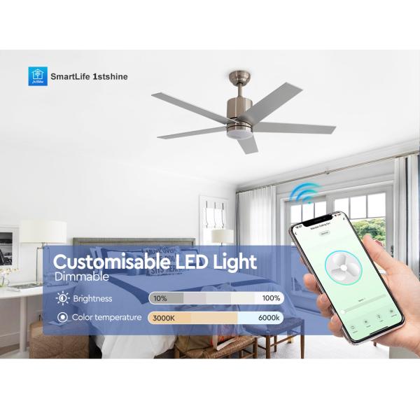 Satin Nickel Modern LED Ceiling Fan With 5 MDF Blade DC Motor Home Decorative