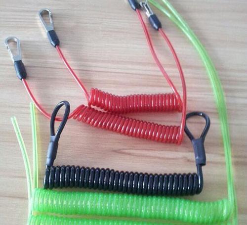 Cheap Flexible wire coil lanyard with hooks/loops/crimps all custom OEM request tether coil cord for sale