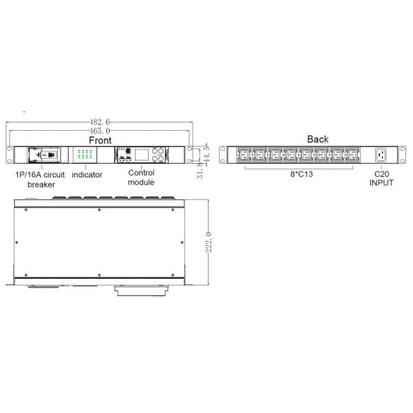 Intelligent Power Distribution Unit (PDU) with 8 Outlets 16A 250VAC RS-485 Communication