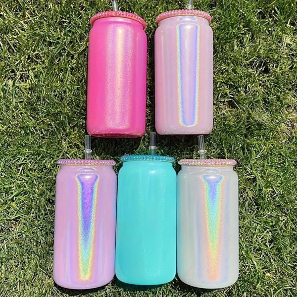 16oz Glitter Iridescent Glass Water Tumbler glass drinking bottle with bamboo lid For Iced Coffee Beer Juice Soda