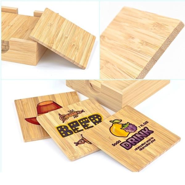 Square Shape Sublimation Bamboo Wooden Coaster Set With Holder Custom Wooden Tea Cup Mat Pad Bamboo Coaster