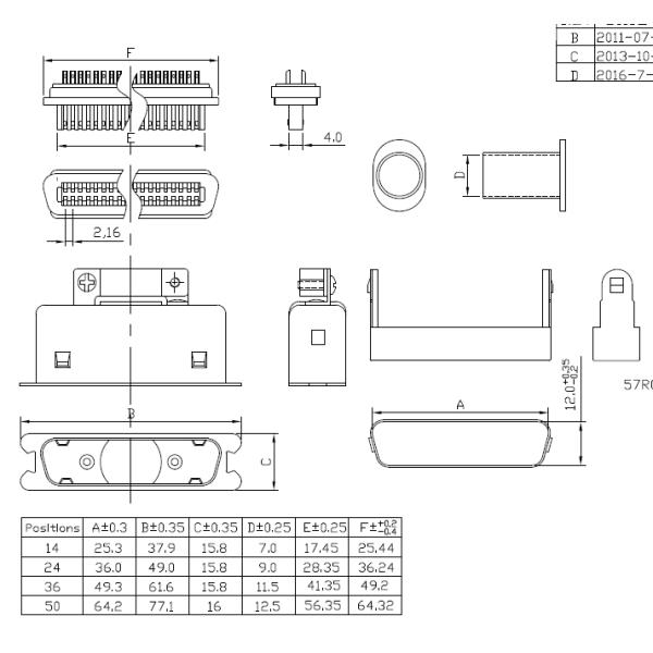 DDK 57-30240 Connector Male Centronics 24 Pin Ribbon Connector With Metal Hood