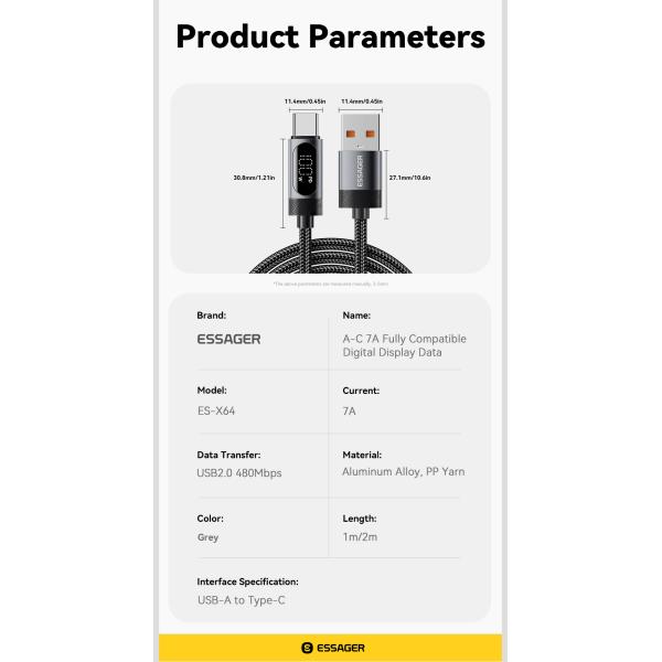 ESSAGER ES-X64 Series 7A LED Display USB Charing Data Cable USB to Type C