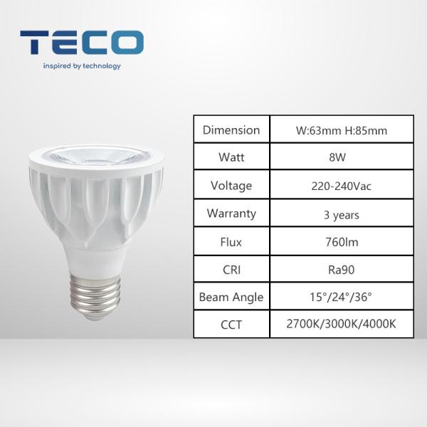 Nature White PAR20 LED Bulbs 8w 15 Degree 4000k E27 Screw Base PAR 20 Lightbulb