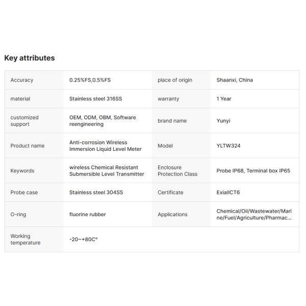 Yunyi Wireless Acid Resistant Liquid Level Gauge Submersible Type Remote Tank Monitoring System for Oil Industry Applications