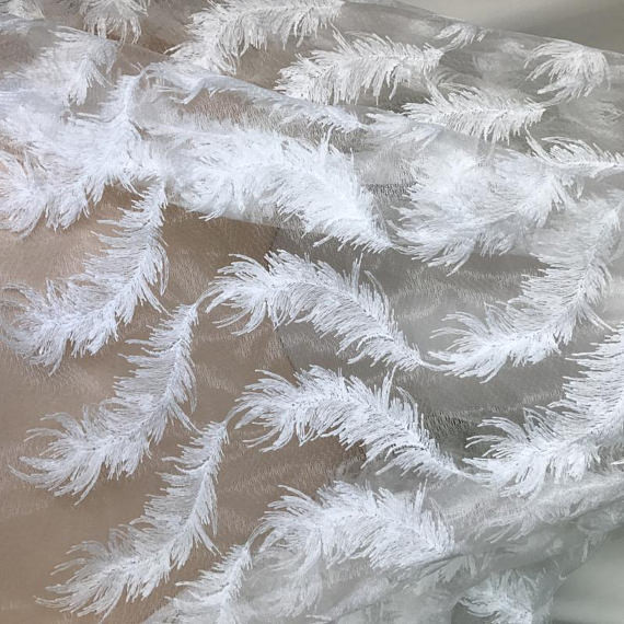 White Stretch Embroidered Mesh Lace Fabric By The Yard For Wedding Dress / Evening Dress