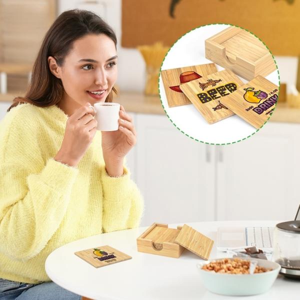 Square Shape Sublimation Bamboo Wooden Coaster Set With Holder Custom Wooden Tea Cup Mat Pad Bamboo Coaster