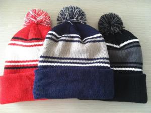 Quality Hand Printing Lined Pom Pom Hat , Crochet Pattern Knitted Pom Pom Beanie Hat wholesale