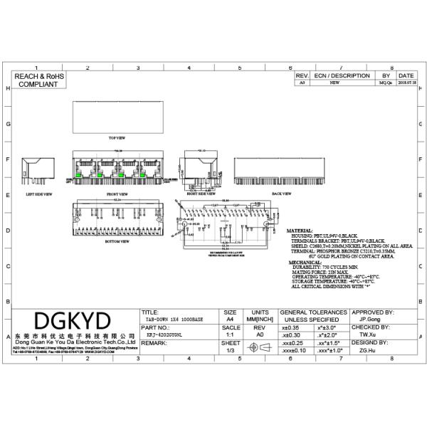 1000 BASE 1 * 4 Multi port RJ45 Modular jack gigabit Ethernet connectors