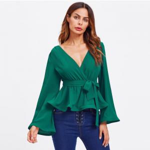China Bell Sleeve Wrap Blouse with Deep V Neck on sale