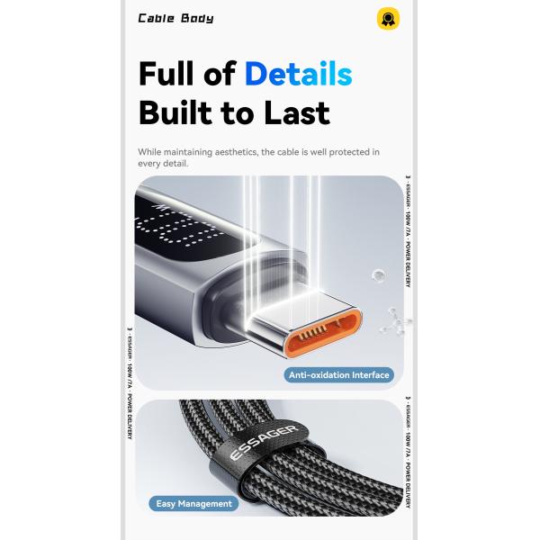 ESSAGER ES-X64 Series 7A LED Display USB Charing Data Cable USB to Type C