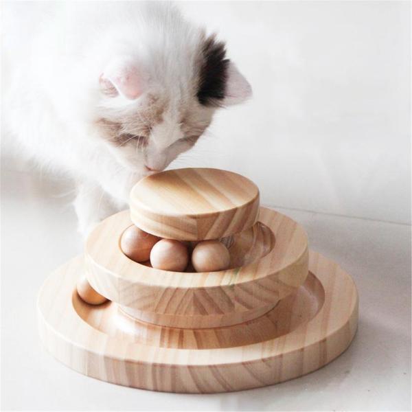 2/3 Layers Wooden Cat Scratch Turntable Smart Track With Balls Interactive Cat Toys
