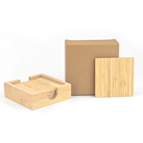 Square Shape Sublimation Bamboo Wooden Coaster Set With Holder Custom Wooden Tea Cup Mat Pad Bamboo Coaster