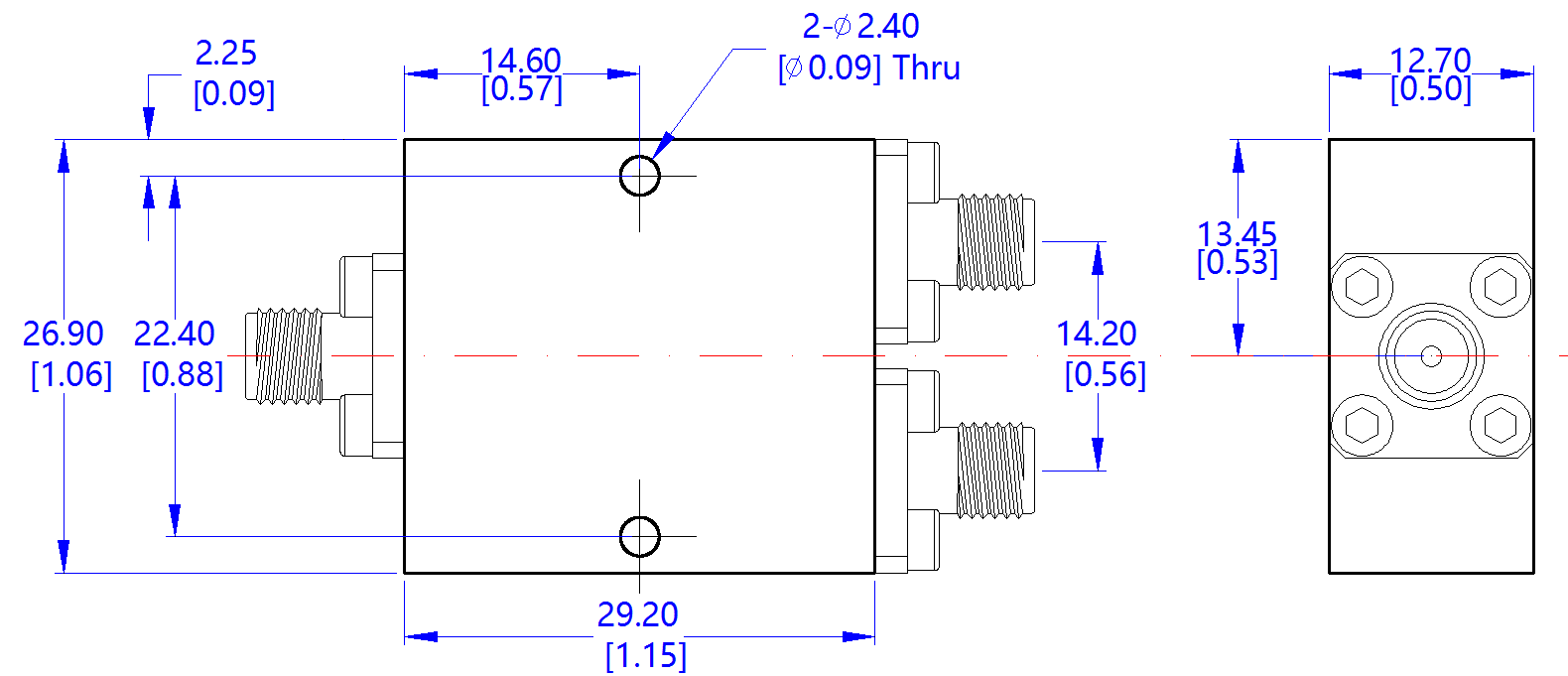8.0 to 12.4 GHz 20 Watt LT-PD Series 2-Way Power Divider