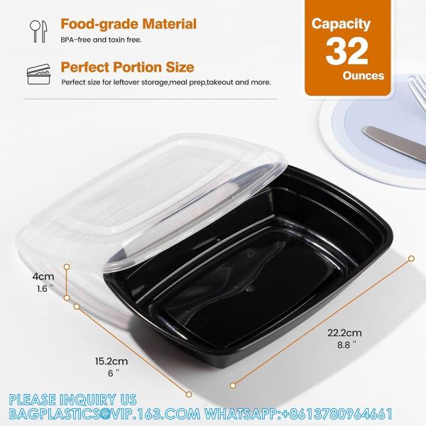 Compartment Meal Prep Container Pack - 32oz Food Storage Containers With Lids - Microwave, Freezer And Dishwasher