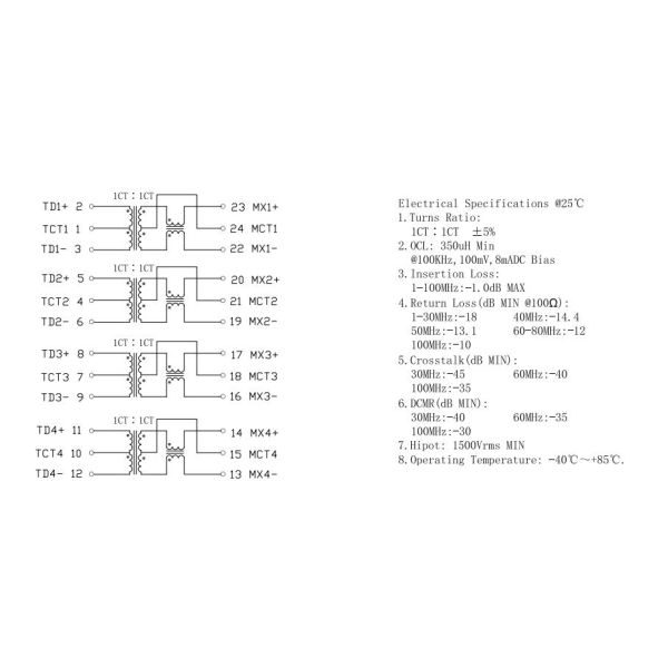 M3295NL / QT24A01 Gigabit Ethernet Transformer 24 Pins 1X1 Port With PoE LP82440ANL