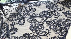 Quality Black Heavy Beaded Mesh Fabric By The Yard , Embroidered Net Fabric With Beads wholesale