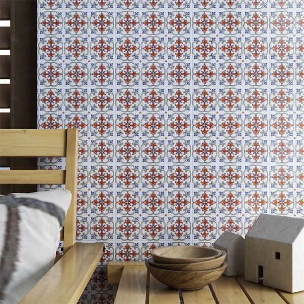 White and Red Encaustic Ceramic Rustic Tile 20x20cm