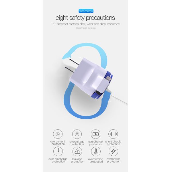 Dual Usb Qc3.0 Wall Charger With Cable Organiser Fast Charging Iphone Charger With Lighting/Type C/Micro Usb Cable
