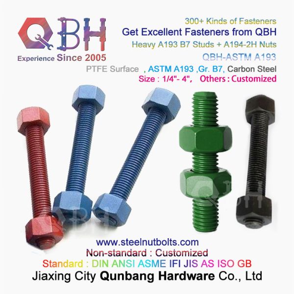 QBH PTFE 1070 Red/Blue/Black/Green Coated 1/4"-4" ASTM A193 B7 Threaded Rod Stud Bolt With A194-2H Heavy Hex Nut